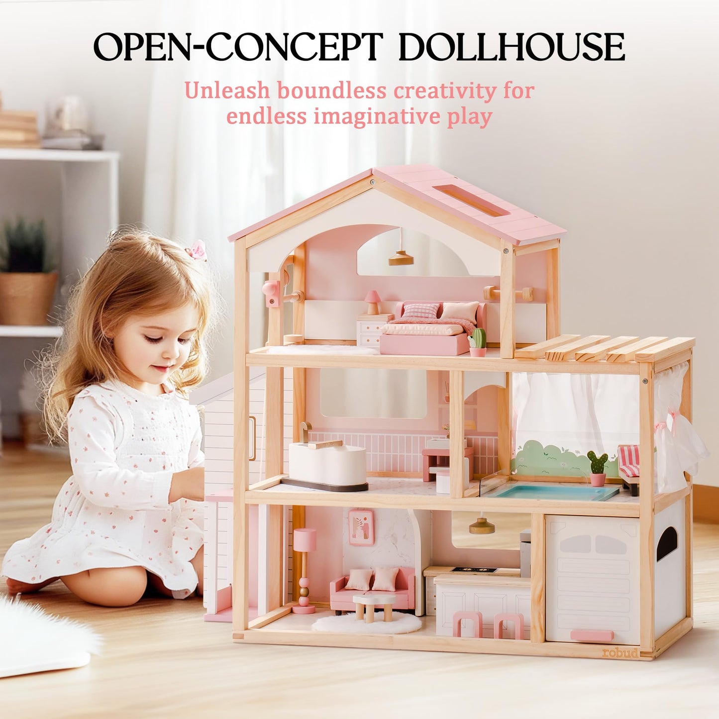 ROBUD Doll House, Wooden Dollhouse with 6 Rooms, 29-pcs Furniture Set, Working Elevator, Garage, Swimming Pool, Ideal Gift for Kids Ages 3+ (Pink)