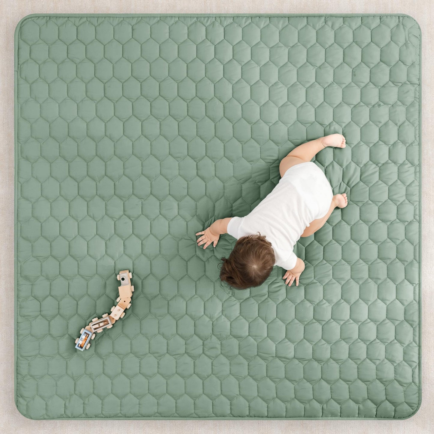Comfy Cubs Square Kids Play Mat - 56 x 56 inches Soft Quilted Baby Floor Mat with Non-Slip Bottom - Plush Design for Toddlers' Playtime - Comfortable and Durable - Fern