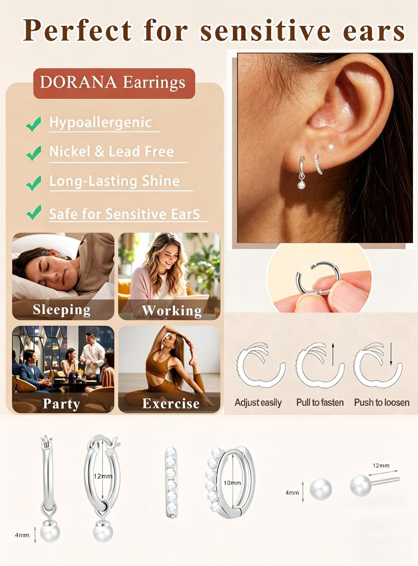DORANA Silver Pearl Hoop Earrings for Women Non Tarnish Small Huggie Earrings 925 Sterling Silver Hypoallergenic Cartilage Stackable Sleeper Hoops Stacks Sets for Multiple Piercing, 3 Pairs