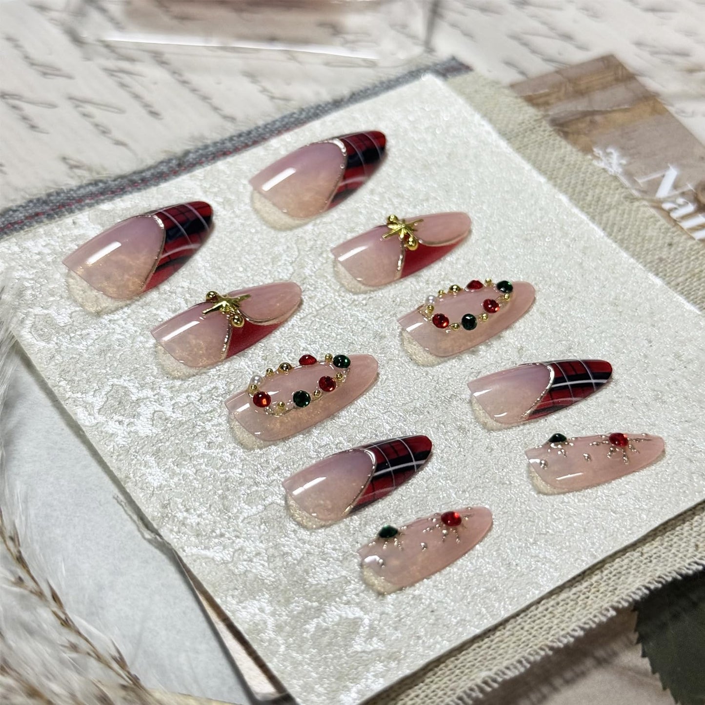 IMRAIN Press on Nails Medium Almond Fake Nails Red Acrylic False Nails with Rhinestones Design Full Cover Handmade Artificial Xmas Glue on Nails