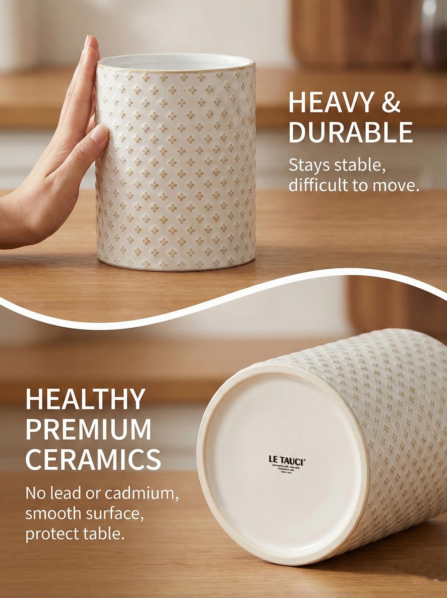 LE TAUCI Utensil Holder for Kitchen Counter - 7.1" Large Ceramic Kitchen Utensil Holder, Embossed Cooking Utensil Crock for Spatula, Spoon - Farmhouse Kitchen Decor & Organizer, White, Clover