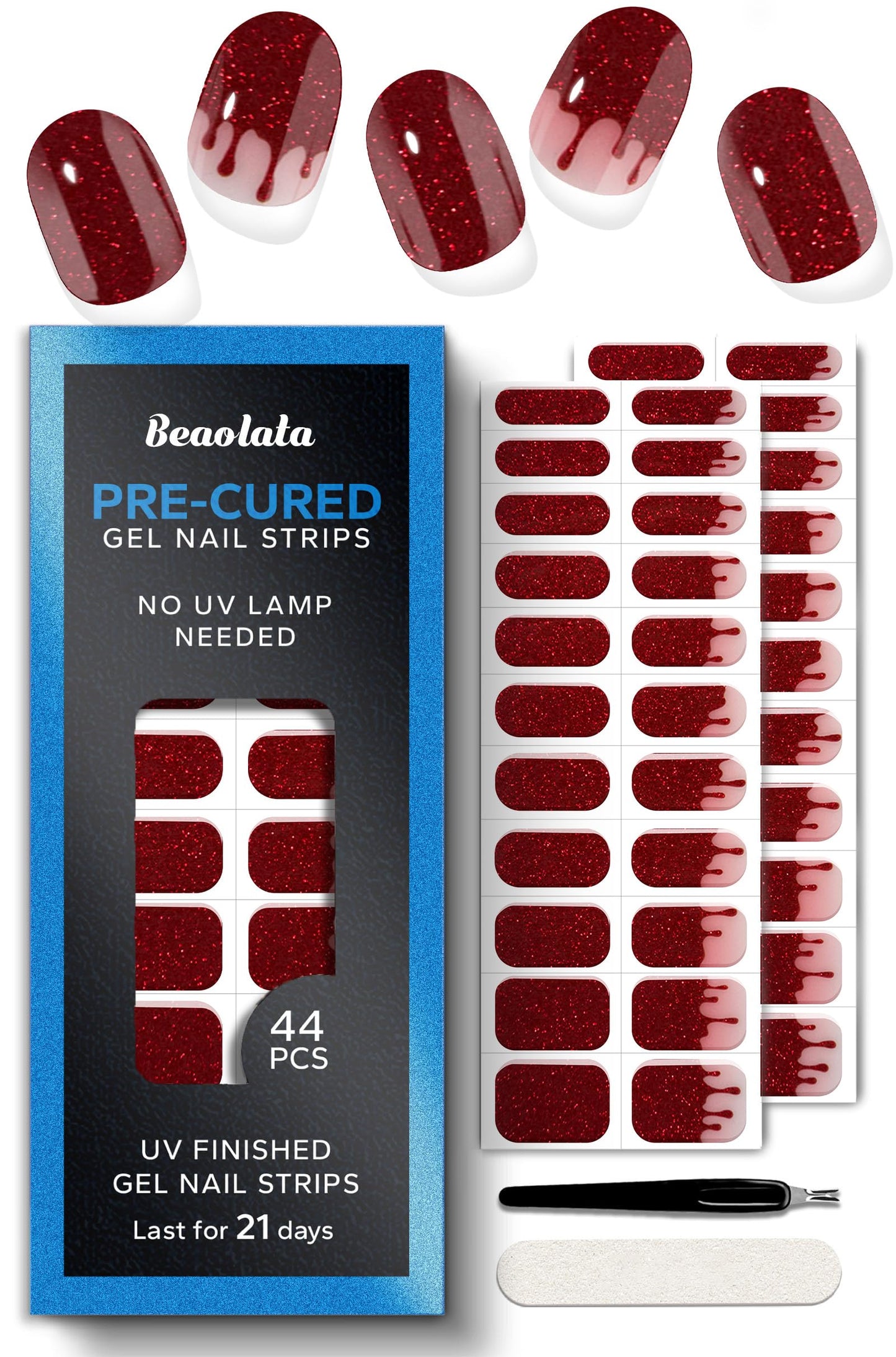 Beaolata Real Gel Nail Strips (No UV Light Needed) - 44Pcs Salon Quality Nail Stickers - Long Lasting Polish Wraps for Women, Easy Apply & Remove (Ruby Glitter)
