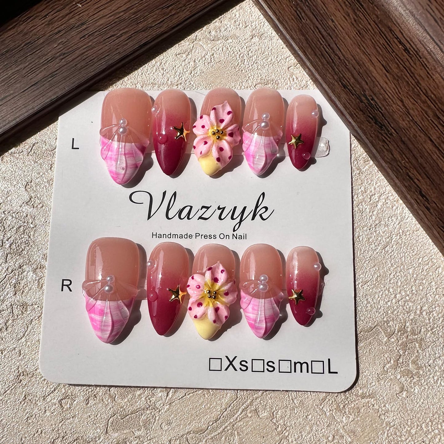 Handmade Press on Nails Wine Red Gradient,French Tip 3D Flower & Pearl Designs,Full Cover Medium Almond Fake Nails,Multi-Layer Gel Acrylic Stick on Nails for Women (10pcs) M SIZE