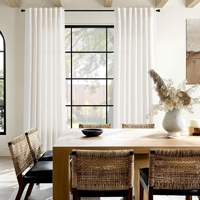 Ivory White Linen Curtains for Living Room 105 Inches Long Light Filtering Semi Sheer Curtain Back Tab Rustic Luxury Neutral Modern Farmhouse Decor Drapes for Bedroom Dinner Room 52x105, 2 Panels