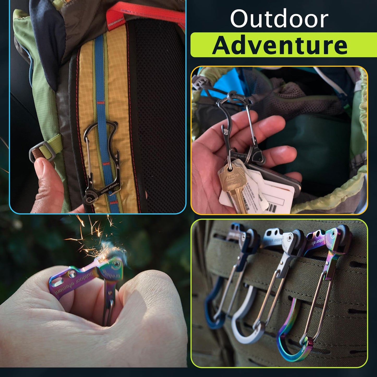 OUTDOOR ELEMENT Firebiner® 6-in-1 Survival Multitool Carabiner EDC Keychain with EverSpark™ Fire Starter, Utility Blade, Bottle Opener & Screwdriver – Unique Gift for Outdoor Adventure – Blue River