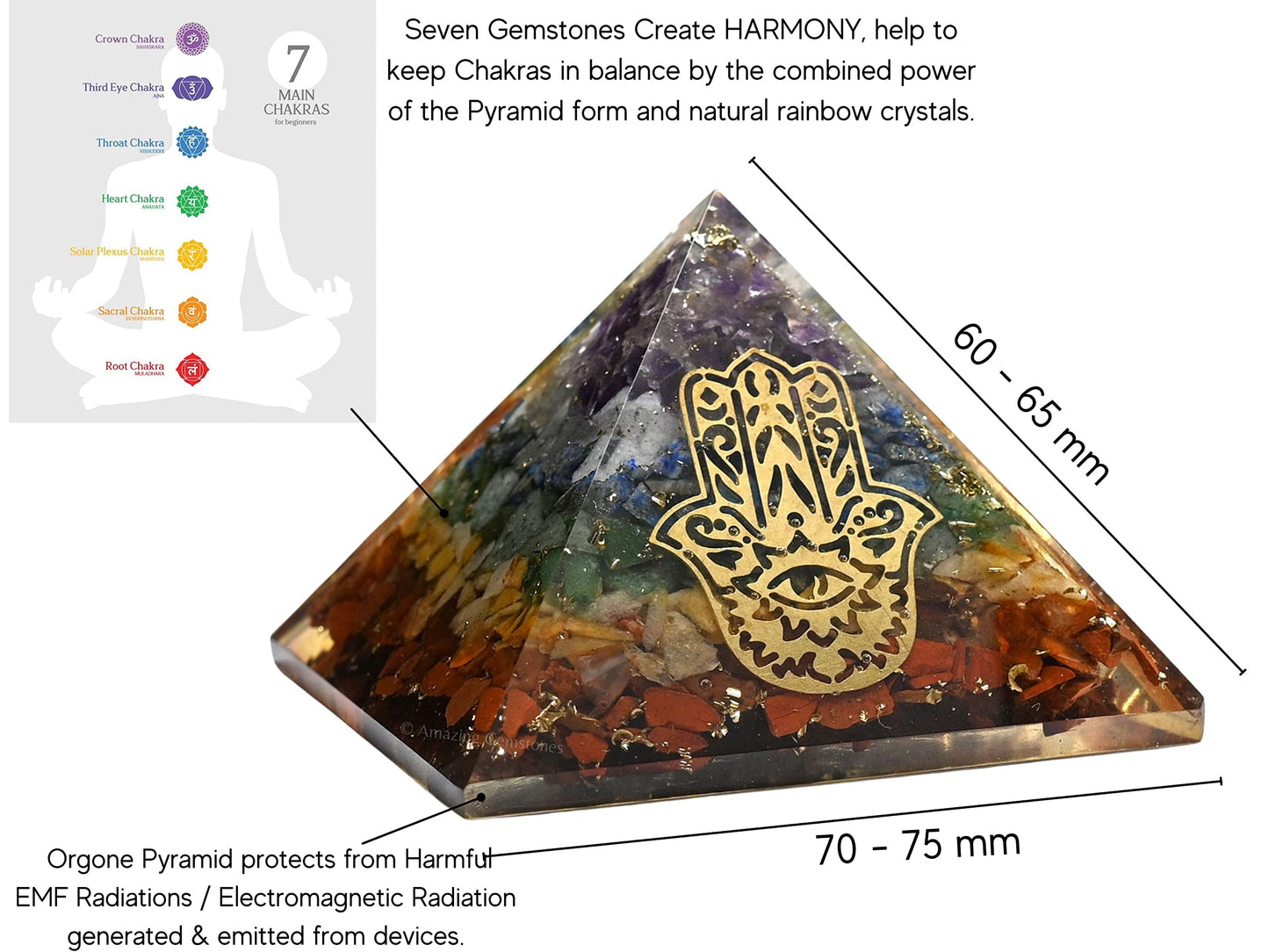 Amazing Gemstone Large Orgone Pyramid | Natural Chakra Pyramid Crystal | Hamza Hand Evil Eye Orgonite Pyramid | Organ Pyramids Positive Energy Healing