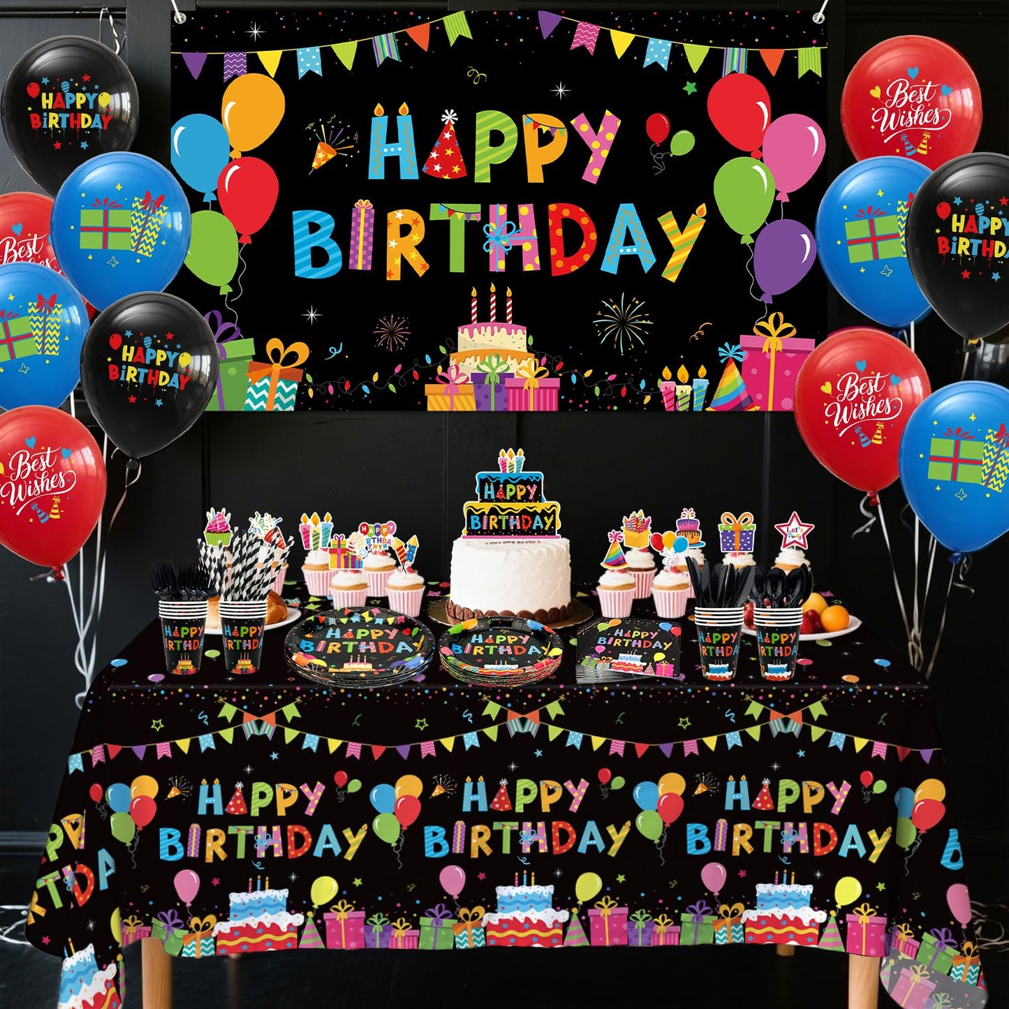 Obussgar Colorful Black Party Decorations - Black and Colourful Party Supplies including Backdrop, Plate, Cake Topper, Cup, Napkin, Balloon, Tablecloth - Serves 20