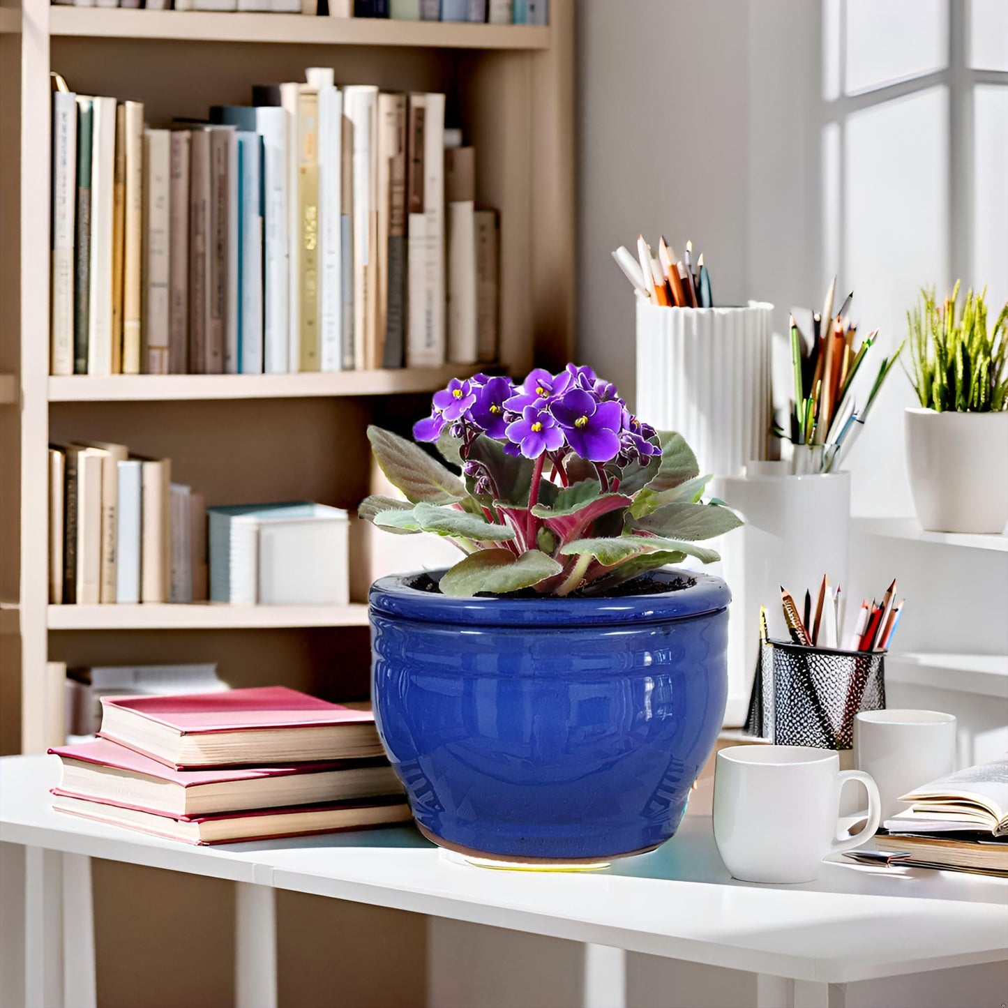 Dphagesy African Violet Pots Self Watering Round Ceramic Violet Pot (Blue, 6 inch)