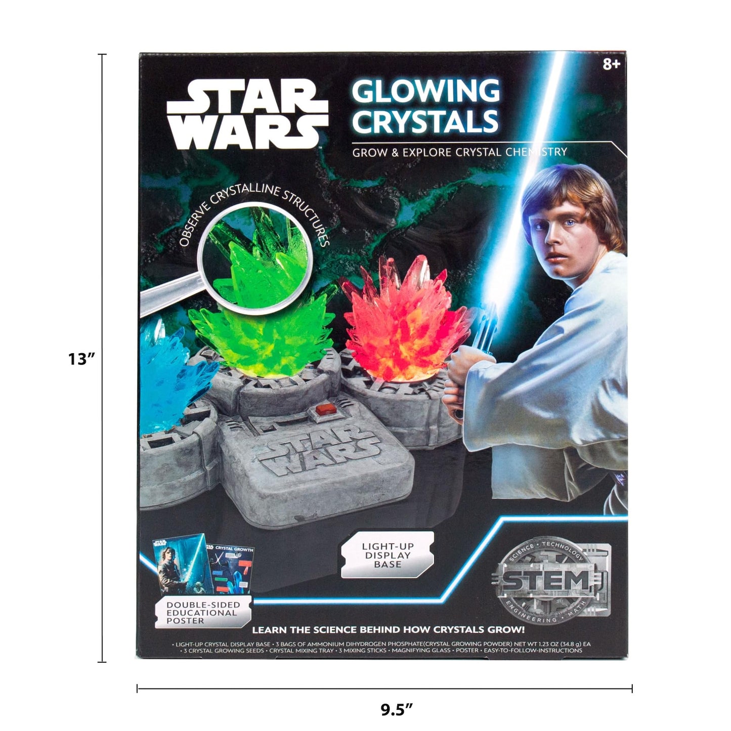 STAR WARS Glowing Crystals, Crystal Growing Kit with Light Up Display Stand, Grow 3 Colorful Crystals, Gift for 8 Year Old Boy, Merch, Toys for Boys Age 8-12