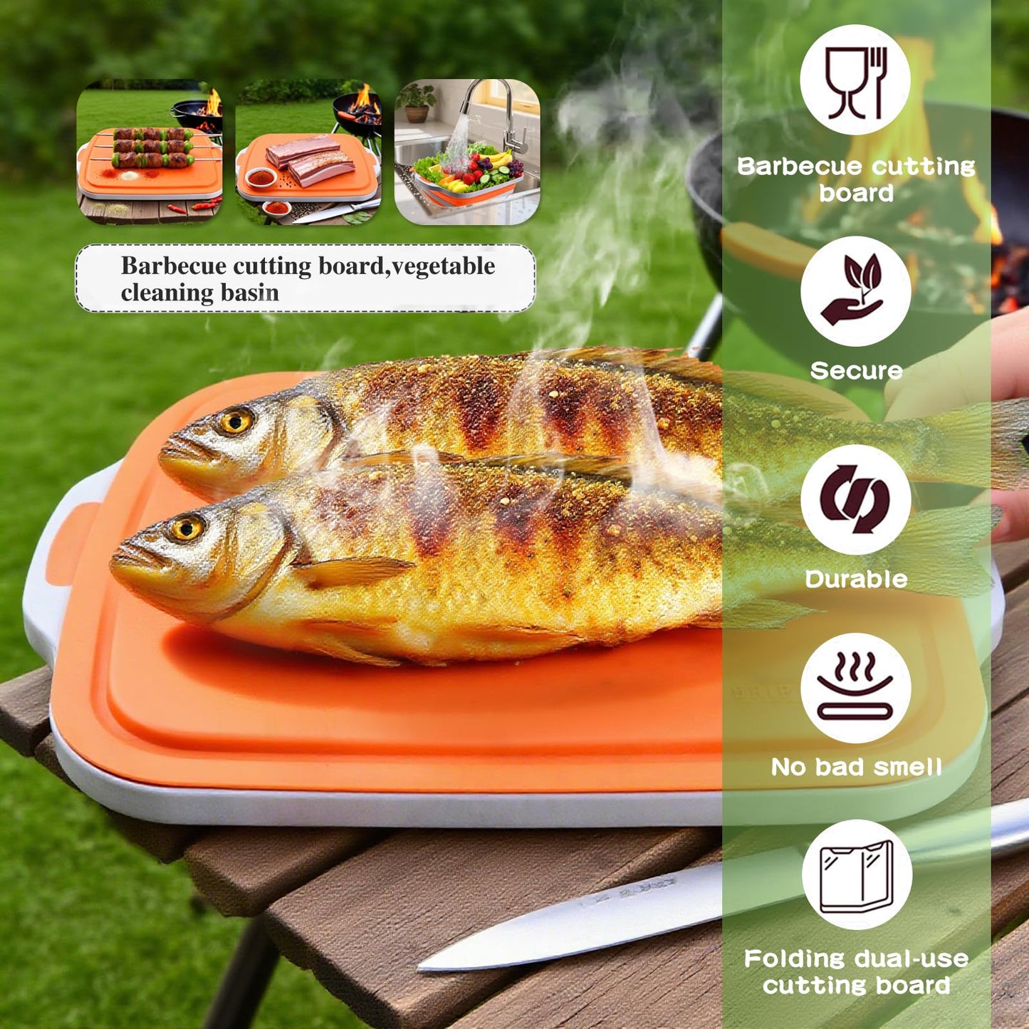Collapsible BBQ Prep Tub with Lid & Cutting Board 8L - Meat Marinating Basin & Grill Carry System - 5pc Set with Heat Resistant Gloves, Basting Brush & Spatula(Orange, Large, 8L)