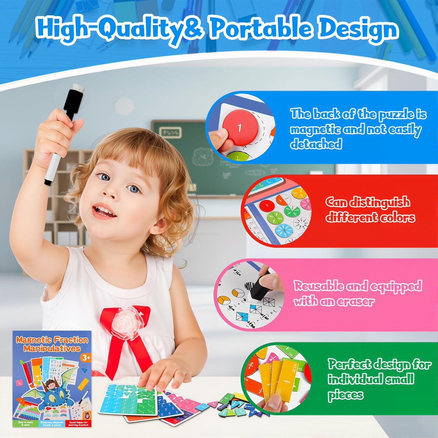 Magnetic Fraction Demonstration Book,Magnetic Fraction Tiles & Fraction Circles Set,Math Manipulatives for Elementary School,Montessori Fraction Manipulatives Learning Educational Puzzle Toys for Kids