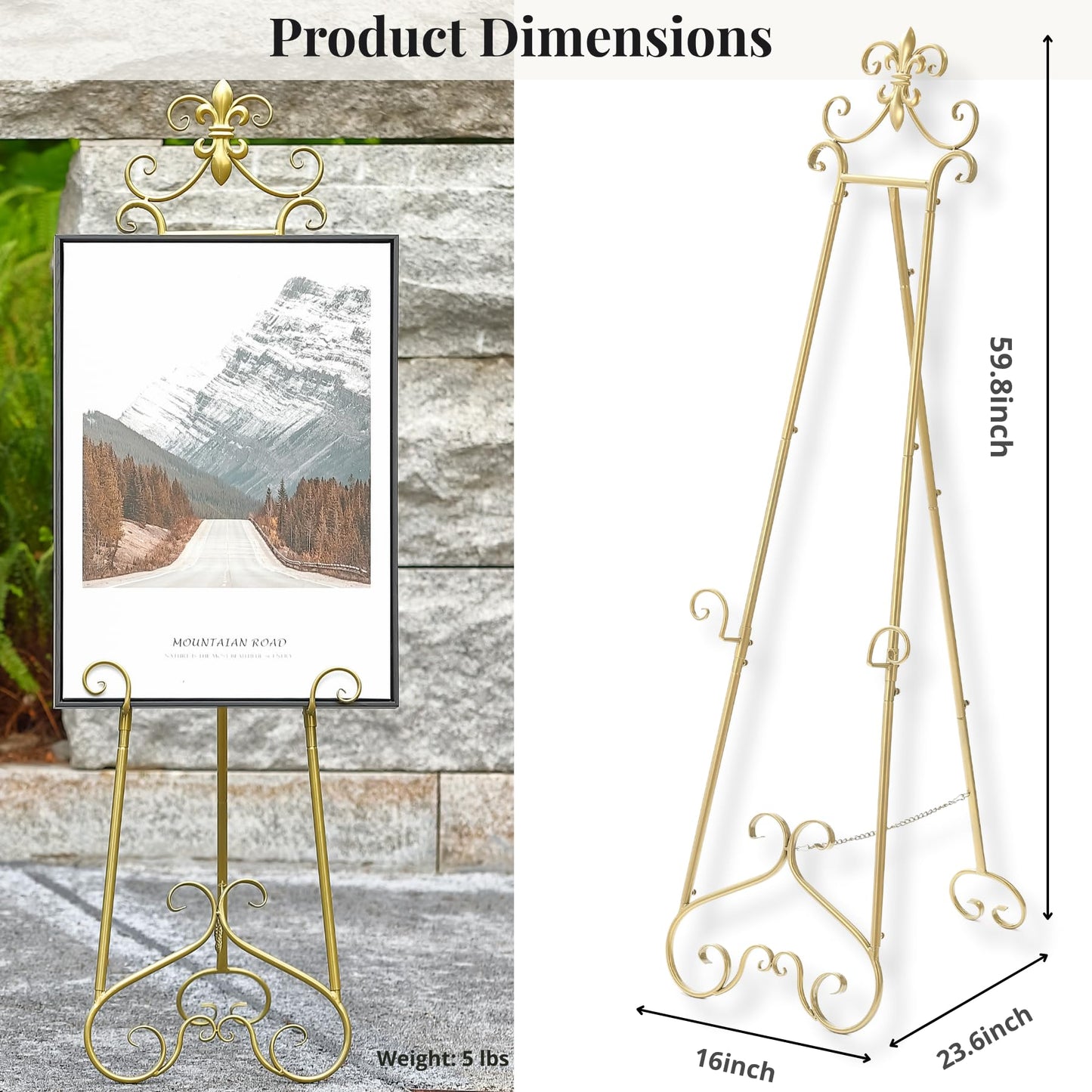 CaliDecor 60” H Gold Easel Stand for Sign, Large Adjustable Metal Display Standing for Displaying Pictures Wedding Poster Holder Showcasing with Chain Support