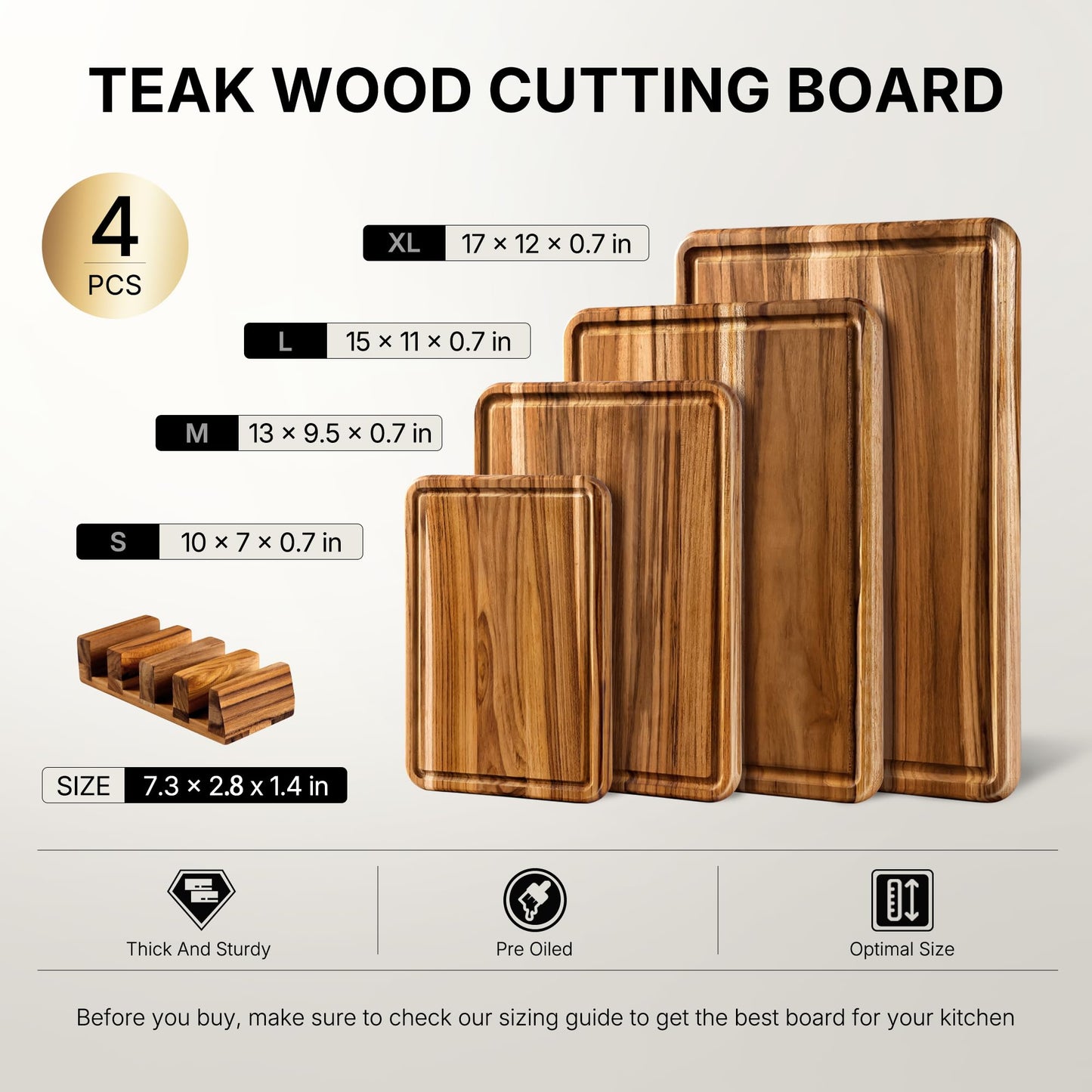 4 Pack Teak Cutting Board Set for Kitchen Heavy Duty Non Toxic Non Slip Solid Thick Wood Haus Chopping Board Extra Large Big Small Meat Best Wooden Charcuterie Board
