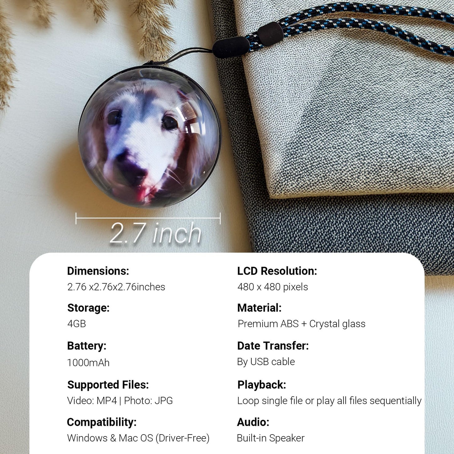 Sniegauu Memory Orb Ball – 2.7" Crystal Video Orb, USB Upload Photos & Videos, Auto Loop Playback, Personalized Gift for Couples, Anniversary, Birthday, Wedding & Mother's Day (Mac & Windows)