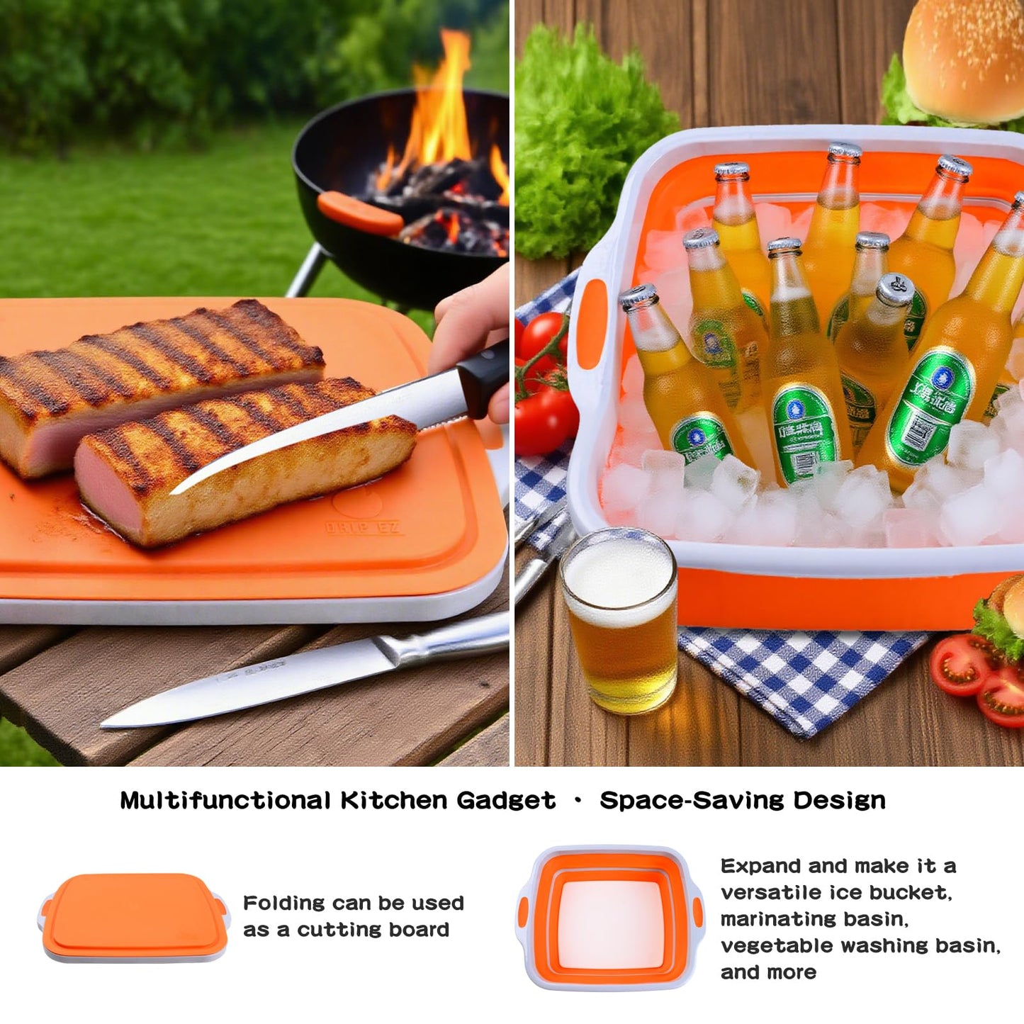 Collapsible BBQ Prep Tub with Lid & Cutting Board 8L - Meat Marinating Basin & Grill Carry System - 5pc Set with Heat Resistant Gloves, Basting Brush & Spatula(Orange, Large, 8L)