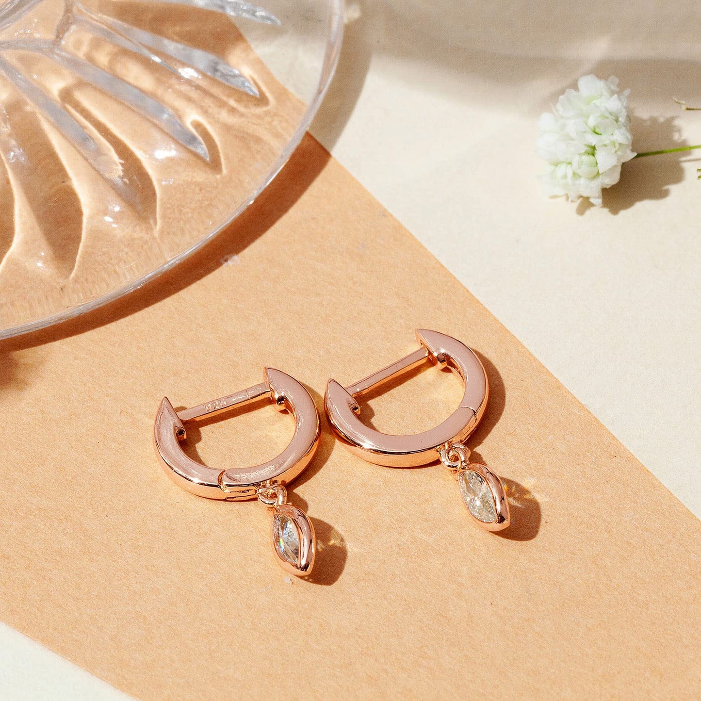 PAVOI 14K Rose Gold Plated S925 Sterling Silver Post Drop/Dangle Huggie Earrings for Women | Dainty Marquise Earrings