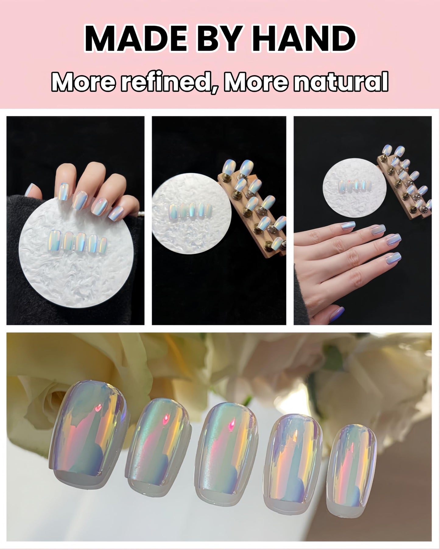 Incantevole Cat's Eye Press On Nails (30PCS；SIZE：XS-S-M), Short Square Fake Nails, Handmade Nails, Gradient Coated False Nail Tips (Mirror Finish Blue-Pink)