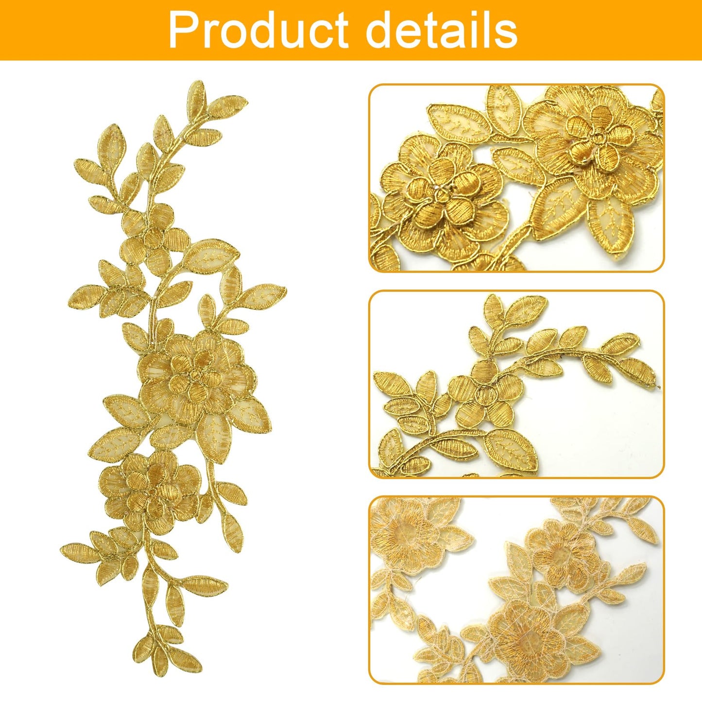 Gnognauq 12Pcs Gold Flower Iron on Patches Embroidery Applique Sewing Fabric Gold Lace Sew on Patch for Dress Jeans Clothes