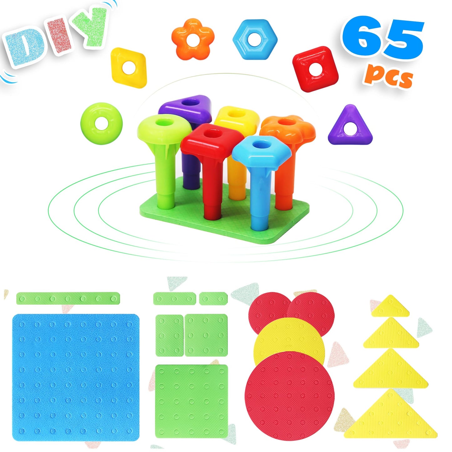 Ggiibro Peg Board Set STEM Toys for Toddlers Ages 3-6 | Montessori Sensory Stacking & Lacing Kit with Thick/Thin Foam Boards & Strings | Preschool Learning Toys for Fine Motor Skills Development