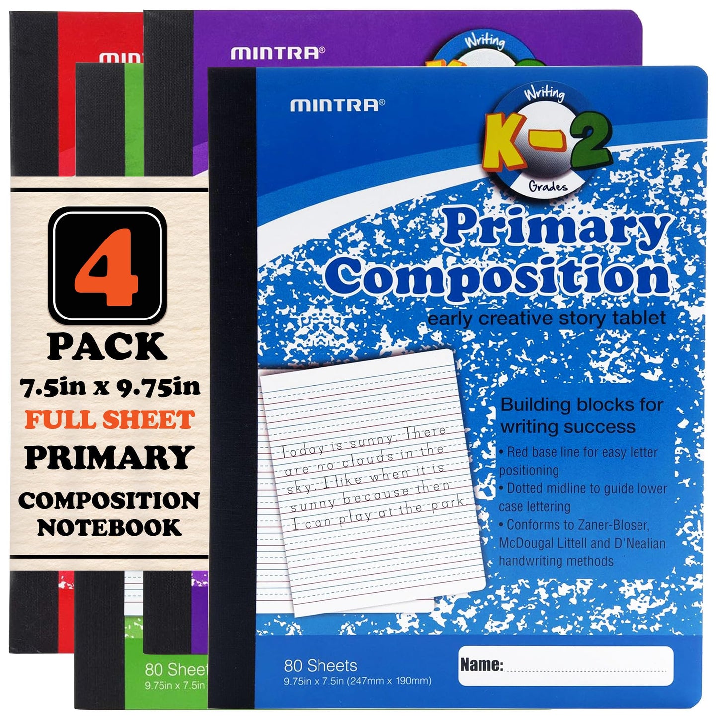 Mintra Primary Composition Notebook, 4 Pack, Assorted Colors 80 Sheets, 7.5in x 9.75in, Full Sheet, Ruled with Drawing Area, Flexible Hardcover Journal, Grade K-2, School & Home Use