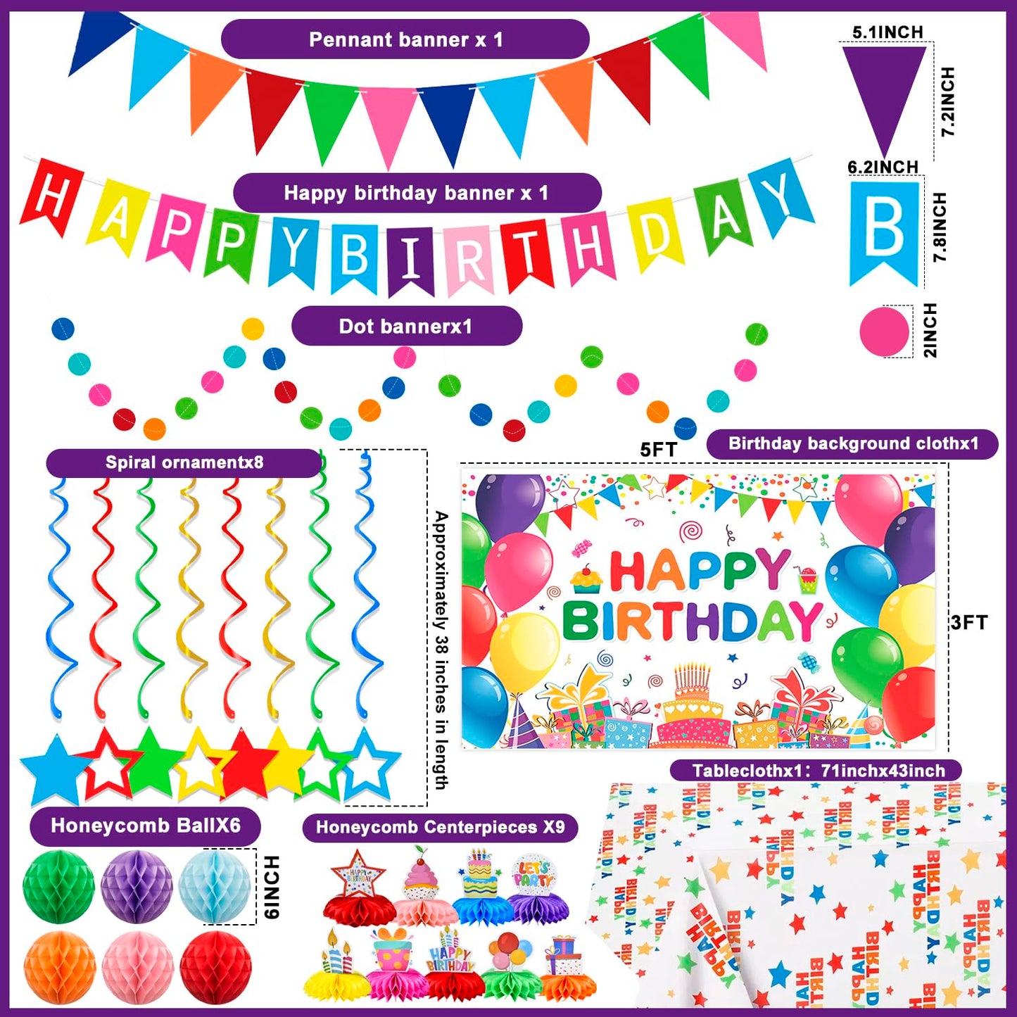 Happy Birthday Party Decorations Kit Includes Honeycomb Balls Star Hanging Swirls Backdrop Cloth Tablecloth Banners & Circle Garland Honeycomb Centerpieces for Party Supplies