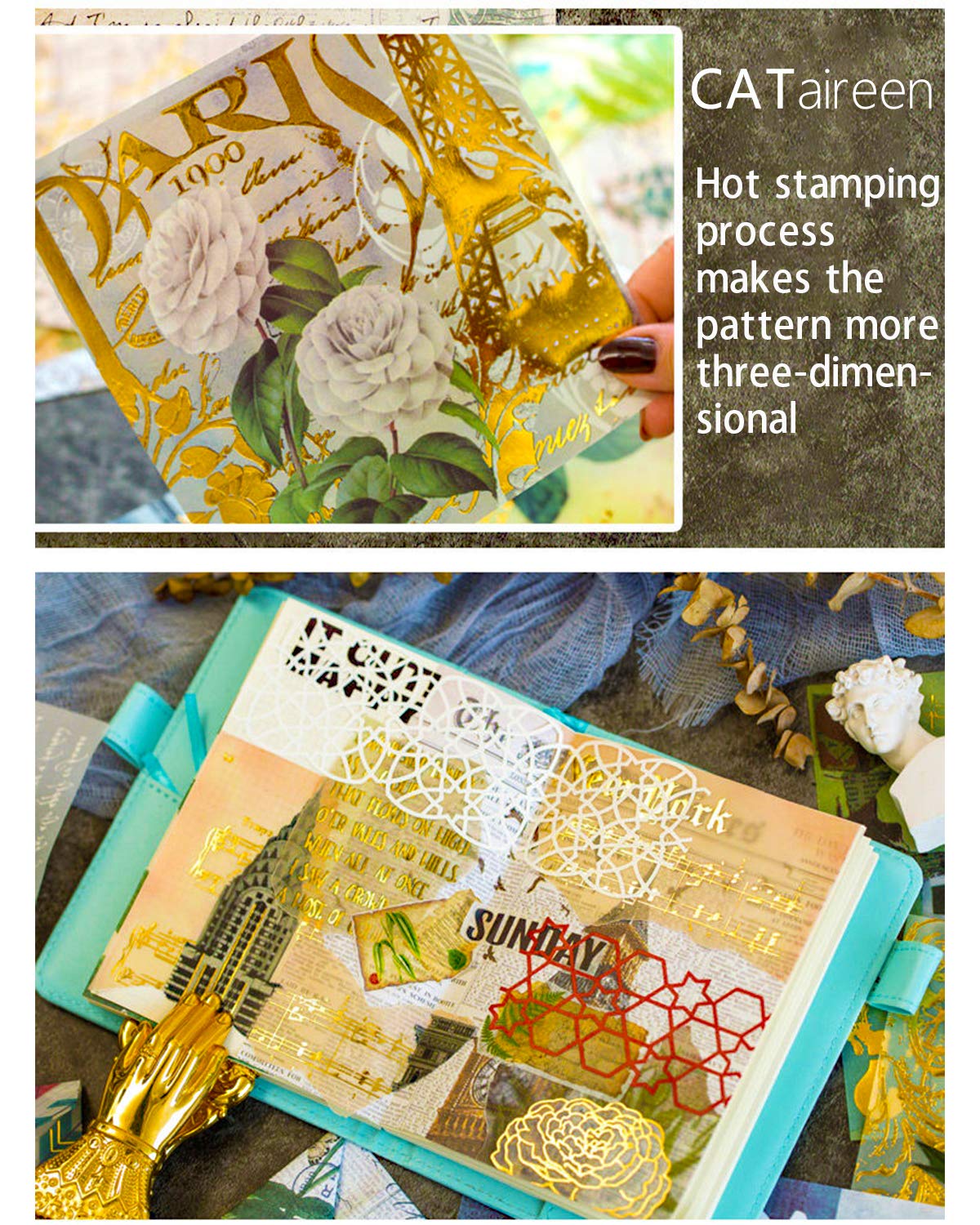 CATaireen Junk Journal Card Making Supplies Kit Scrapbooking Embellishments Collage Decoupage Art Craft for Adults Large DIY TN Travel Notebook Vintage Gold Washi Paper Ephemera Pack 120pcs