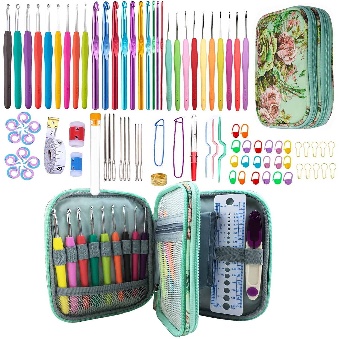Mdoker 100pcs Crochet Hooks Set in Case Ergonomic Soft Grip Handles Weave Yarn Knitting Needles Kit and Crochet Needle Accessories Crochet Kit Complete Set for Beginners and Experienced Lover