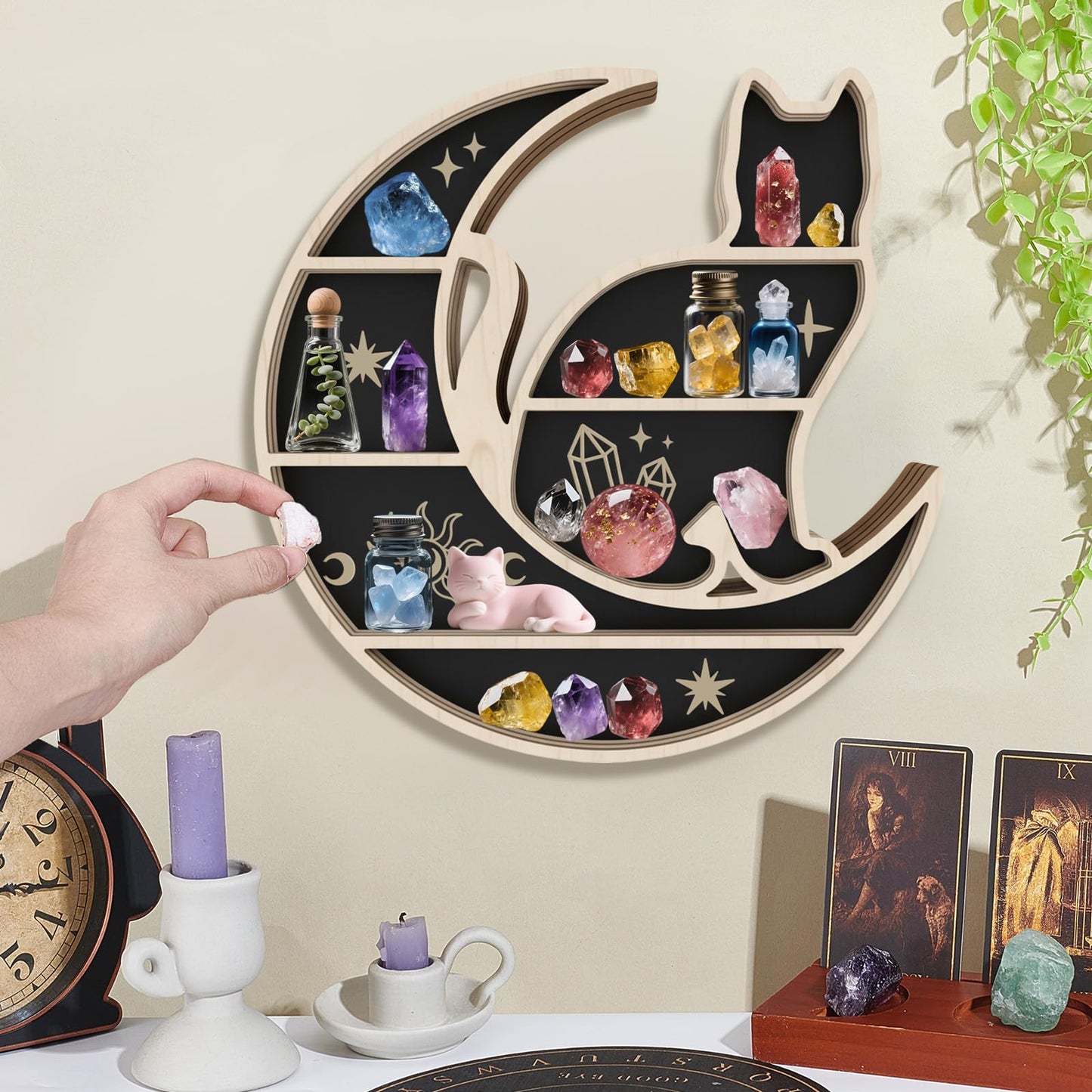 peacoblue Moon and Cat Shaped Crystal Display Shelf 11.1" L× 11.8" W× 1.2" Wooden Wall Mounted Decor for Crystals, Gemstones & Trinkets for Bohemian, Witchy & Modern Interiors