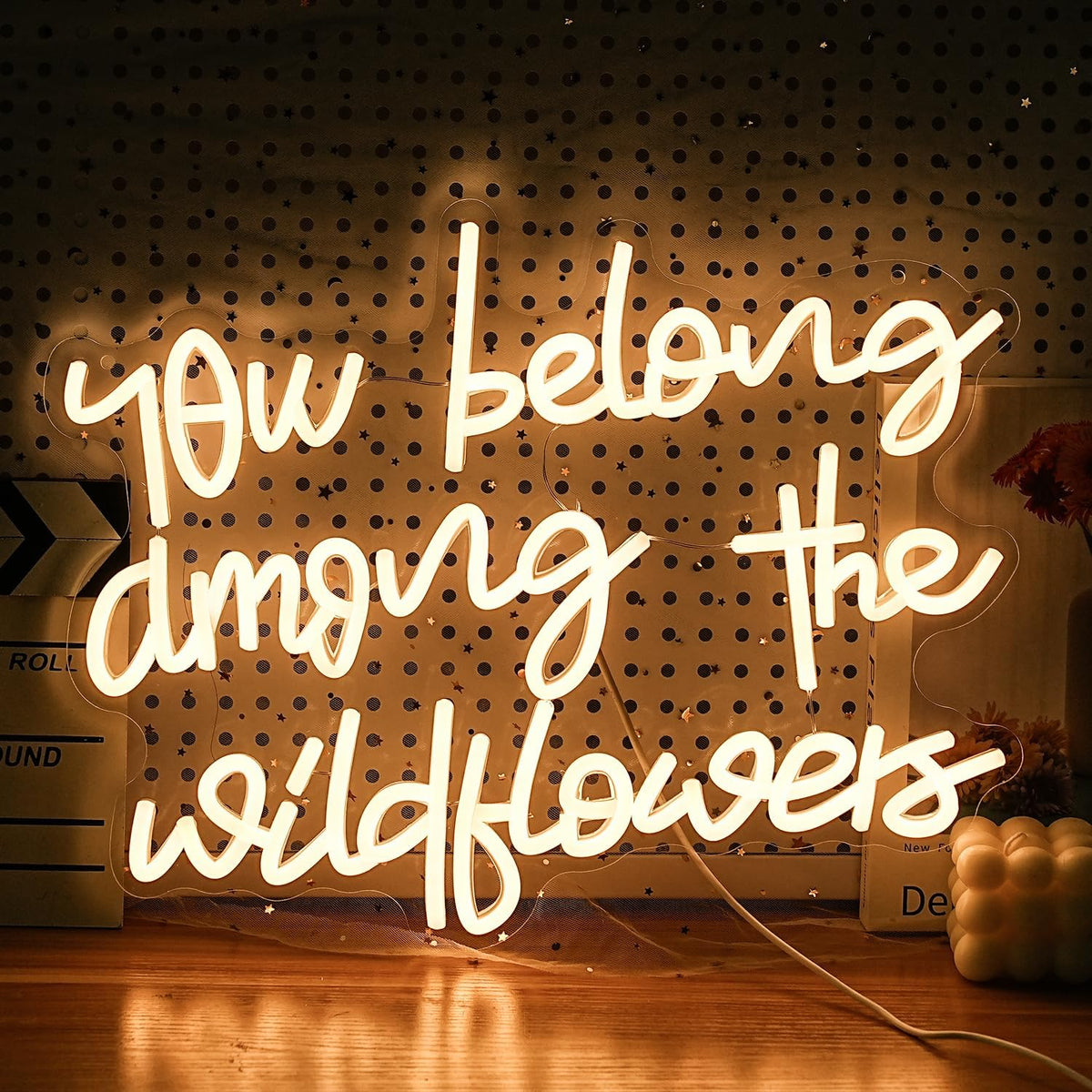 You Belong Among The Wildflowers Neon Sign for Wall Decor Dimmable Warm White LED Letters Neon Light for Living Room Garden Art Wall Neon Decor Personzalized Gift(16.5 * 12.6In)