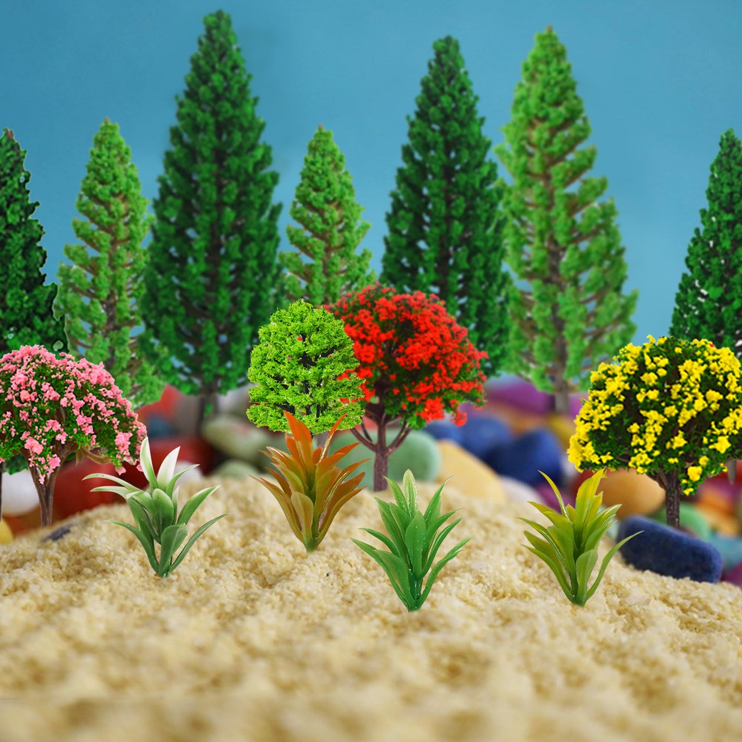 MOMOONNON 32pcs Model Trees 1.1-5.1inch Mixed Diorama Model Tree Colourful Flower Trees Grass Architecture Mini Trees for Crafts Building Model Railway Scenery Landscape Supplies (Style 01)
