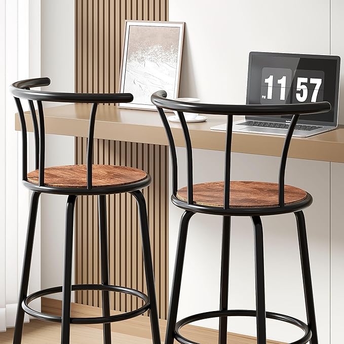 VECELO Bar Stools Set of 4, Swivel Counter Barstools with Backrest, Bar Height Chairs for Dining Room, Kitchen Island, Pub, Easy Assembly, Brown