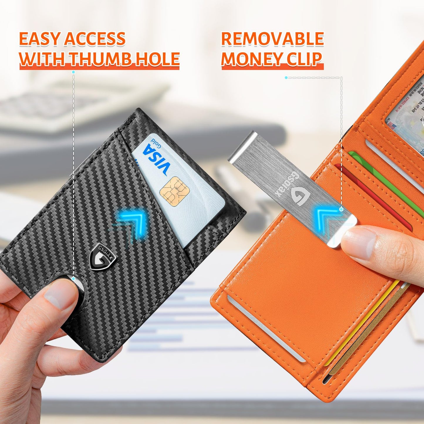GSOIAX Slim Leather RFID Bifold Wallet for Men Minimalist Front Pocket Wallet with Money Clip,12 Card Slots,ID Window,Cool Groove Design,Includes Gift Box (Carbon Orange)