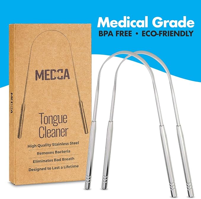 Tongue Scrapers - Pack of 2 - Stainless Steel Tongue Cleaners Brush for Help Getting Rid of Bad Breath & Bacteria - Food Scraper to Keeps Mouth & Teeth Healthy and Clean - Essential Dental Hygiene Kit