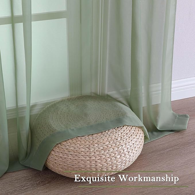 Lecloud Sage Green Sheer Curtains 108 Inches Long 2 Panels, Extra Wide Airy Voile Sheer Curtains, Elegant Rustic Light Filtering Window Curtain Drapes for Living Room Balcony, 59" W x 108" L