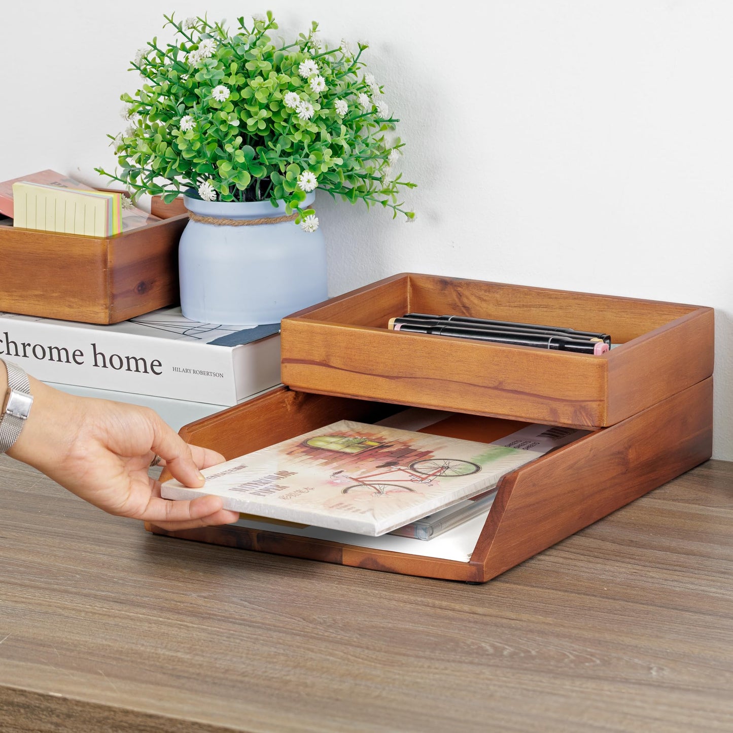 Demigo Desk Organizer Letter Tray Set of 2, Acacia Wood Tabletop Desktop for Storage Paper Letter Folders Notebooks Copy Print, Workspace Holder, Keep Stationery Saver (Brown)