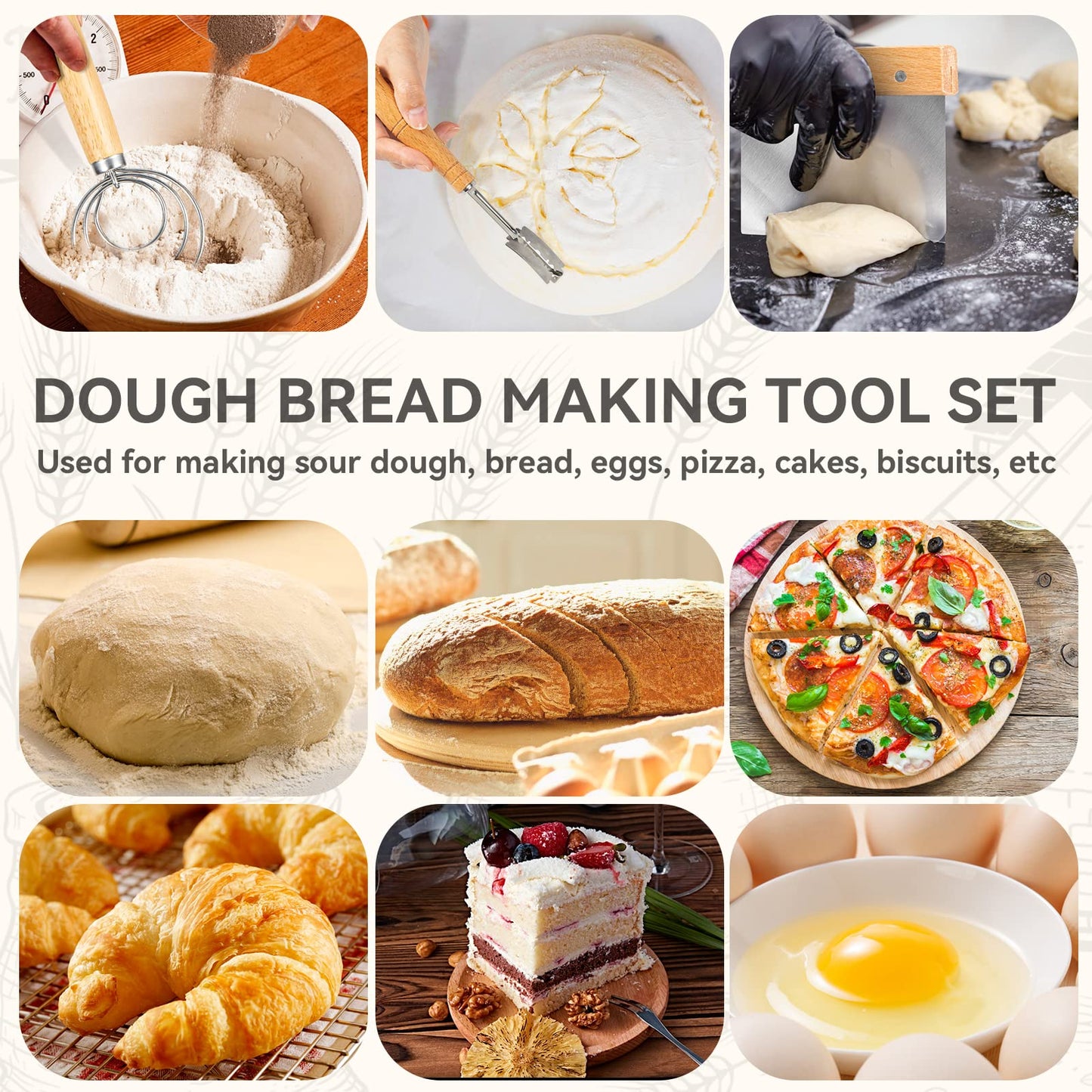 Danish Dough Whisk - Bread Whisk Set of 3 pieces, Bread Making Tools and Supplies, Danish Sourdough Whisks, Dutch Whisks for Dough, With Dough Scraper Sourdough Cutter, Lame Doughs Scoring Tool Blades