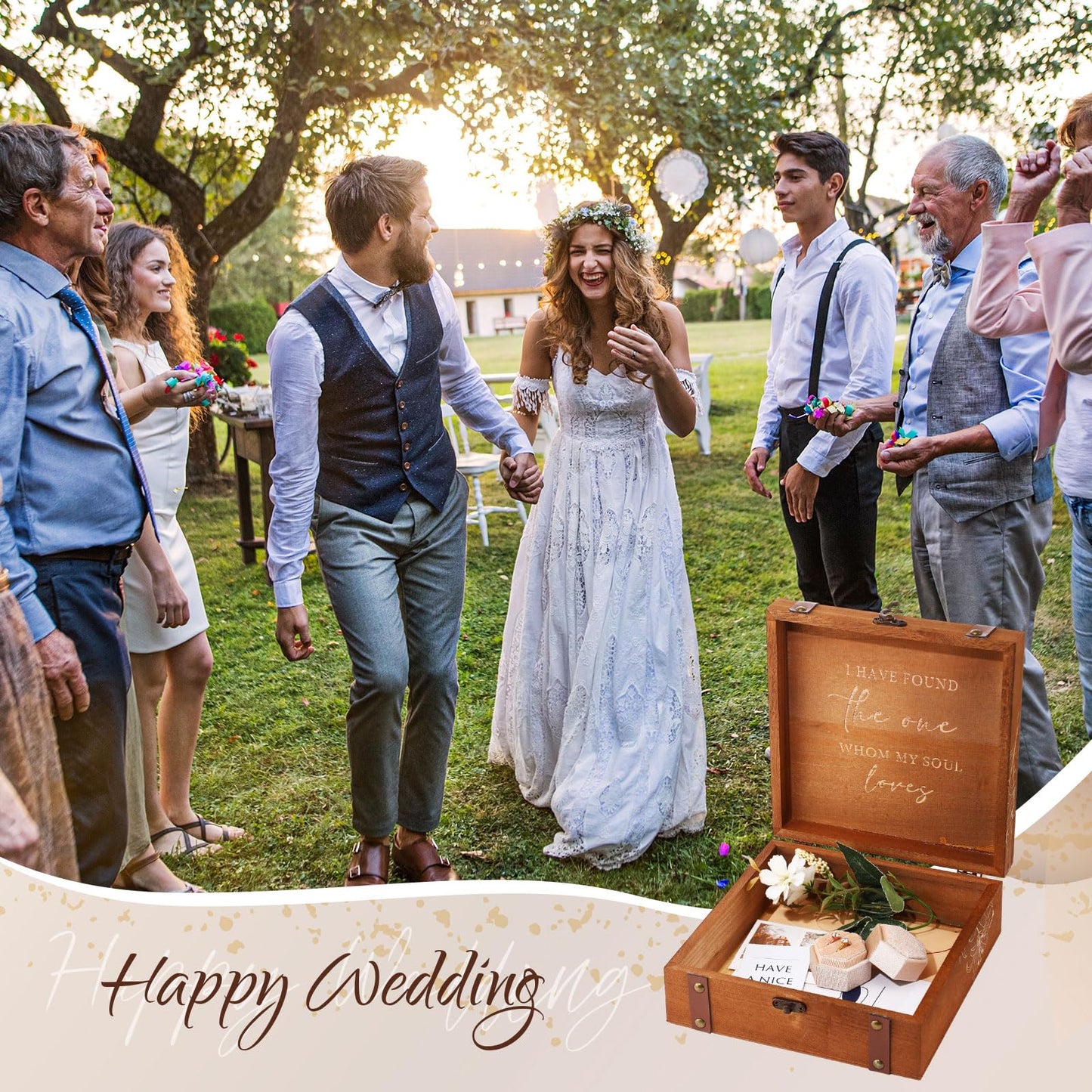 Teecyhooo Wedding Keepsake Box for Couples Mr and Mrs Wooden Memory Storage Boxes PU Leather Studs Rustic for Bride Groom Wedding Bridal Shower Bachelorette Engagement Anniversary Decor