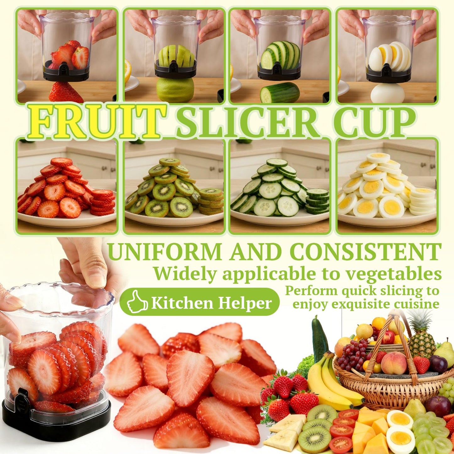 Hendiy Strawberry Slicer with Stainless Blades | Egg & Fruit Slicer Cup for Banana, Cucumber, Mushroom | ABS Detachable Kitchen Gadget - Precision Berry Cutter Tool (Black, 1-Pack)