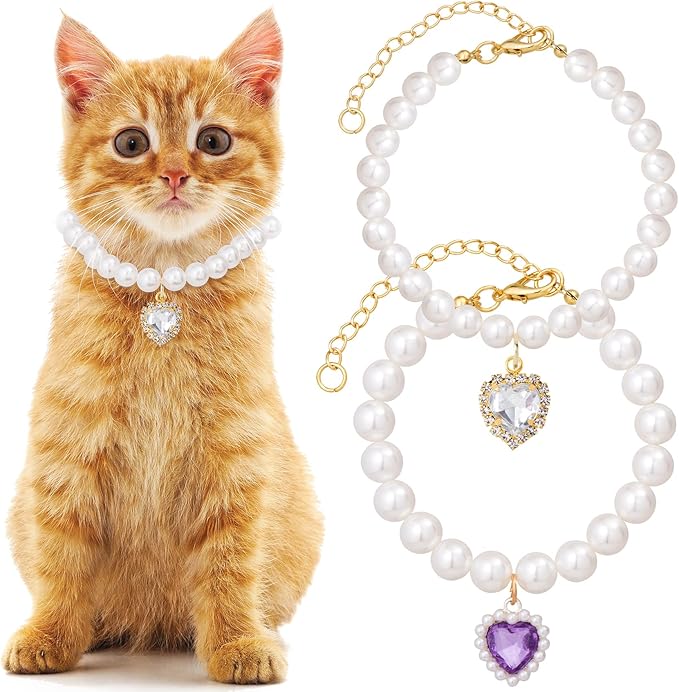 Mxxipp 2pcs Pearl Collar for Cat Puppy, Small Cute Heart Shape Rhinestone Pet Necklace, Adjustable Wedding Party Pet Jewelry Accessories for Puppy Kitten- Green & Pink