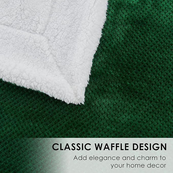 SOCHOW Waffle Sherpa Fleece Throw Blanket, Super Soft Fuzzy Warm, Lightweight Fluffy Reversible Plush Blanket for Bed Sofa Couch, 60 x 80 Inches Forest Green