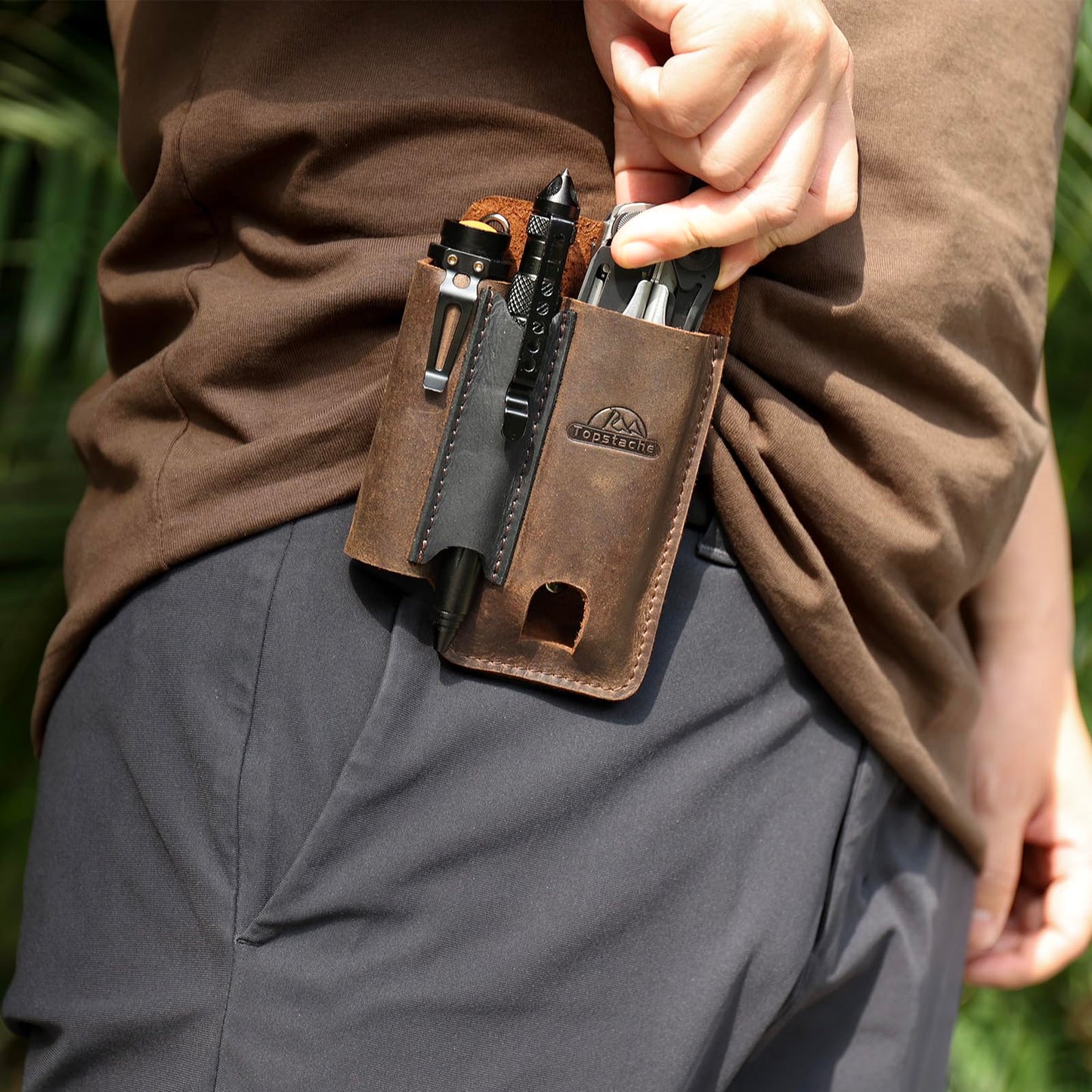 Topstache Leather Multitool Sheath with Belt Clip - Multitool Holster for Belt - EDC Belt Organizer Fits, Flashlight, Pen - Leather Pouch - Holder, Dark Brown