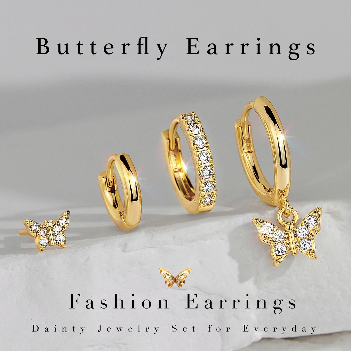 Gold Butterfly Earrings for Women, Huggie Small Stack Cartilage Stud Hoop Earring Sets for Multiple Double Piercing, Conch Helix Rook Tragus Daith Piercing Gold Clip On Jewelry Set Gifts