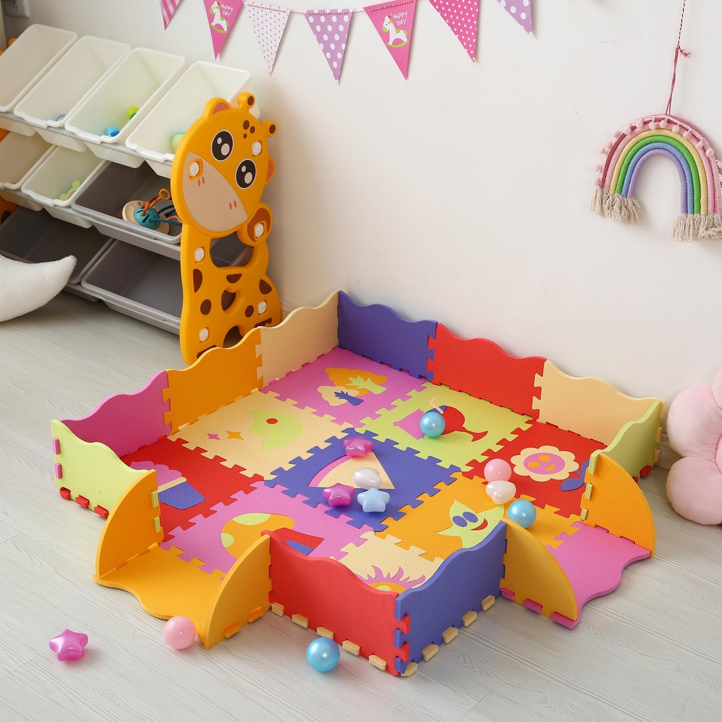 Foam Play Mat for Kids，25Pcs Square Interlocking Puzzle Floor Mat，Baby Play Mat Floor Mat Foam Puzzle Playmat for Toddlers with Fence