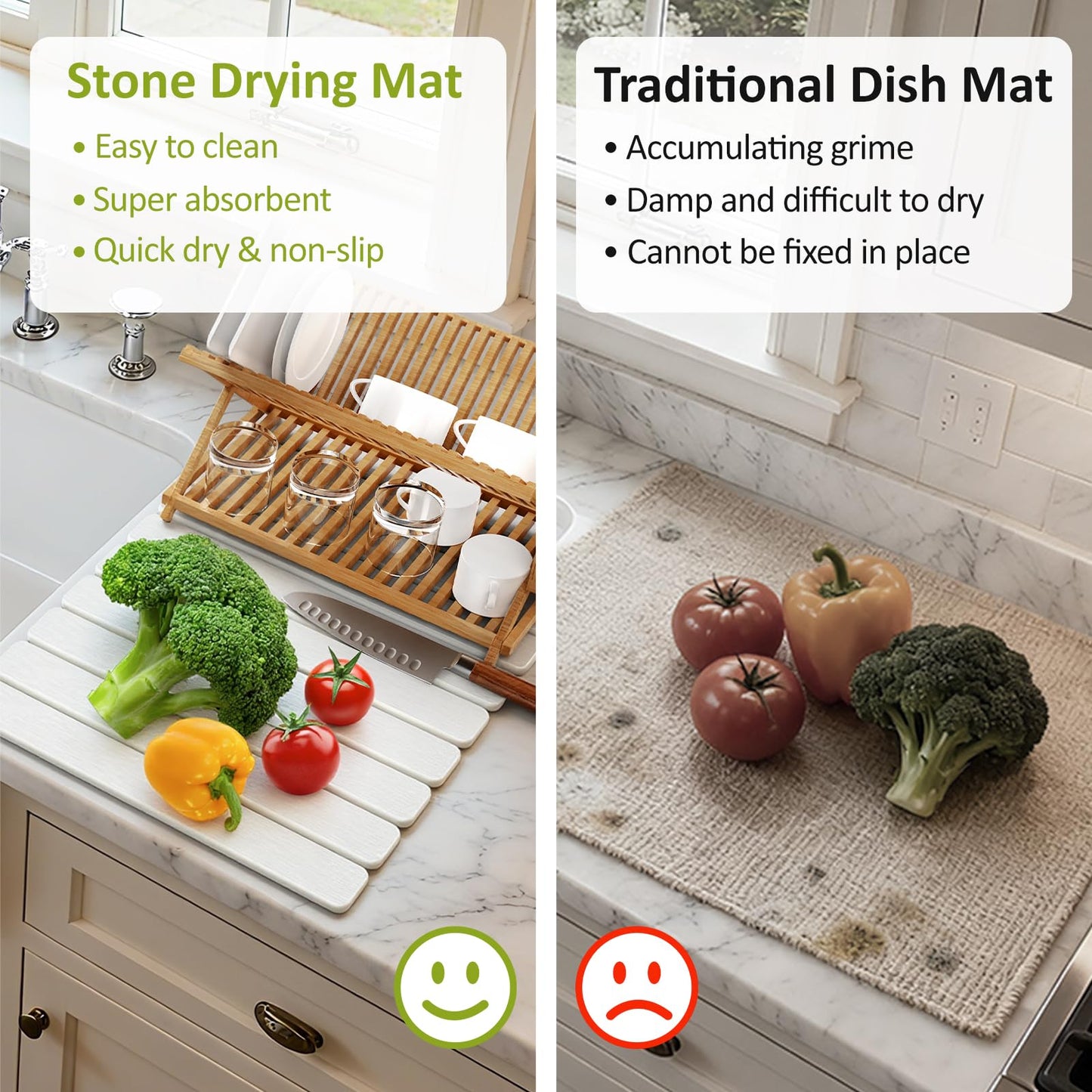 Large Stone Dish Drying Mat for Kitchen Counter, 24"(L)×16"(W), Collapsible Quick Dry Stone Dish Mats, Super Absorbent Diatomaceous Earth Drying Pad for Dishes Bottles Cups, Any Countertop (White)