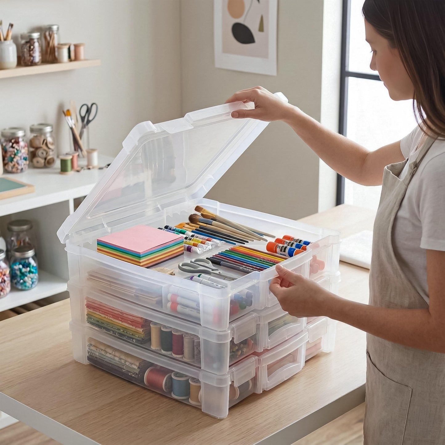 ArtBin 6913ZZ 12" x 12" Portable Art & Craft Organizer with Handle 3-Pack, [3] Plastic Storage Cases, Clear