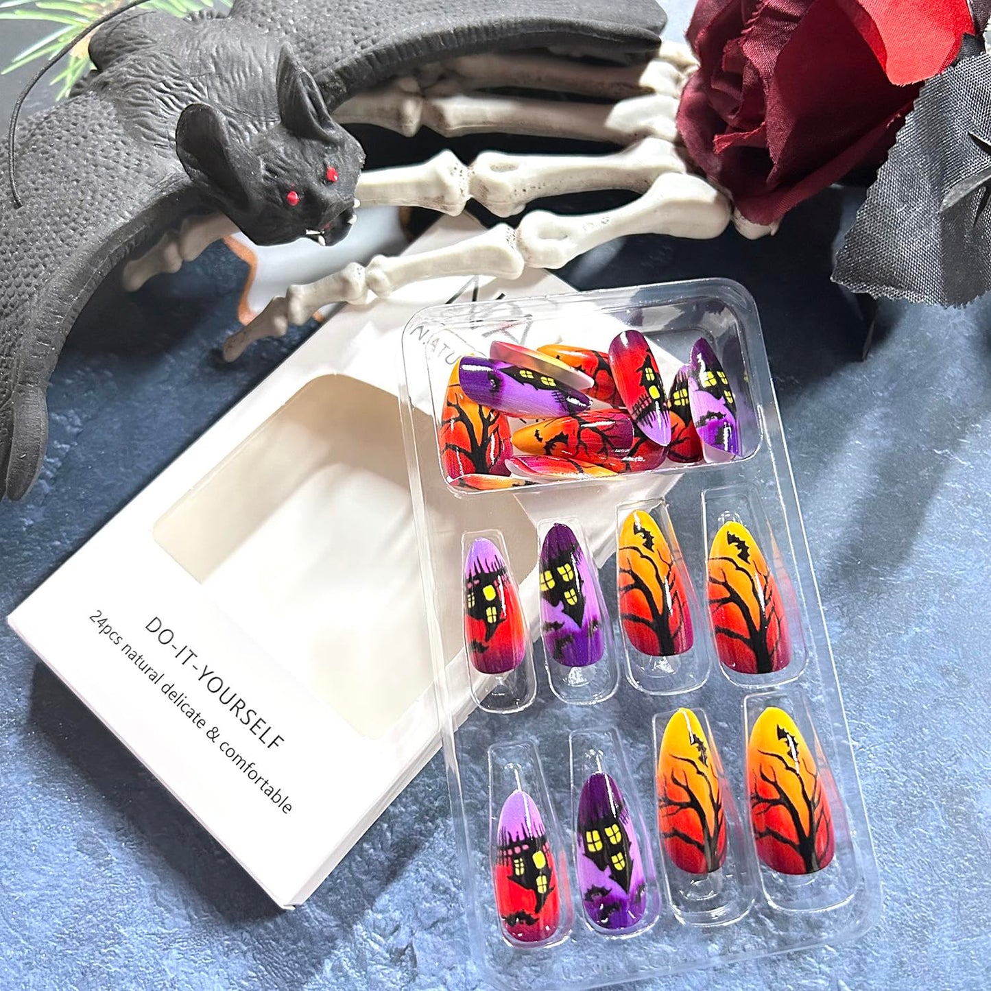24Pcs Halloween Press on Nails Medium Bat Castle Pattern Design Halloween Nail Full Cover Glossy Artificial Acrylic False Nail French Almond Tip Medium Glue on Nails for Women Festival Decoration