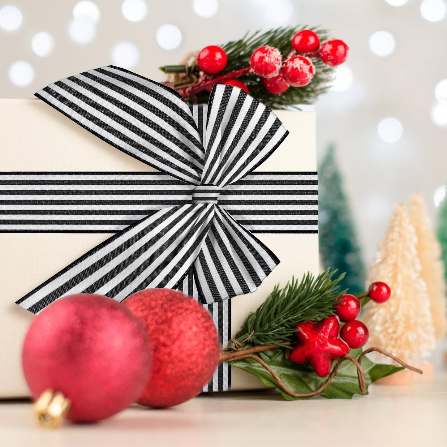 Mupera Black & White Striped Wired Burlap Ribbon 2.5 Inch 20 Yards Total, 2 Rolls x 10 Yards Each, Natural Jute for Wreaths, Big Bows, Christmas Tree, Gift Wrapping, No Fray Easy Shape
