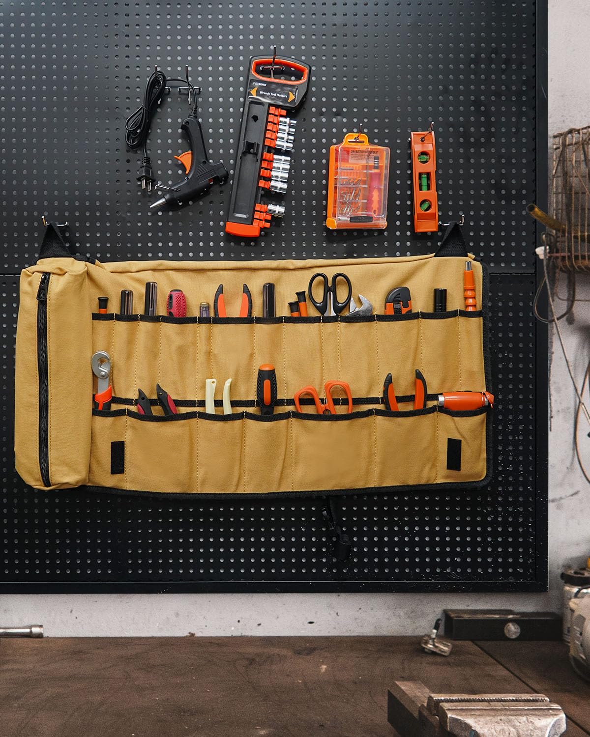 Foxrino Tool Roll, Heavy Duty Tool Roll Bag Organizer, Roll Up Tool Pouch with 20 + 1 Pocket, Gifts for Men Father Dad Mechanic, Brown