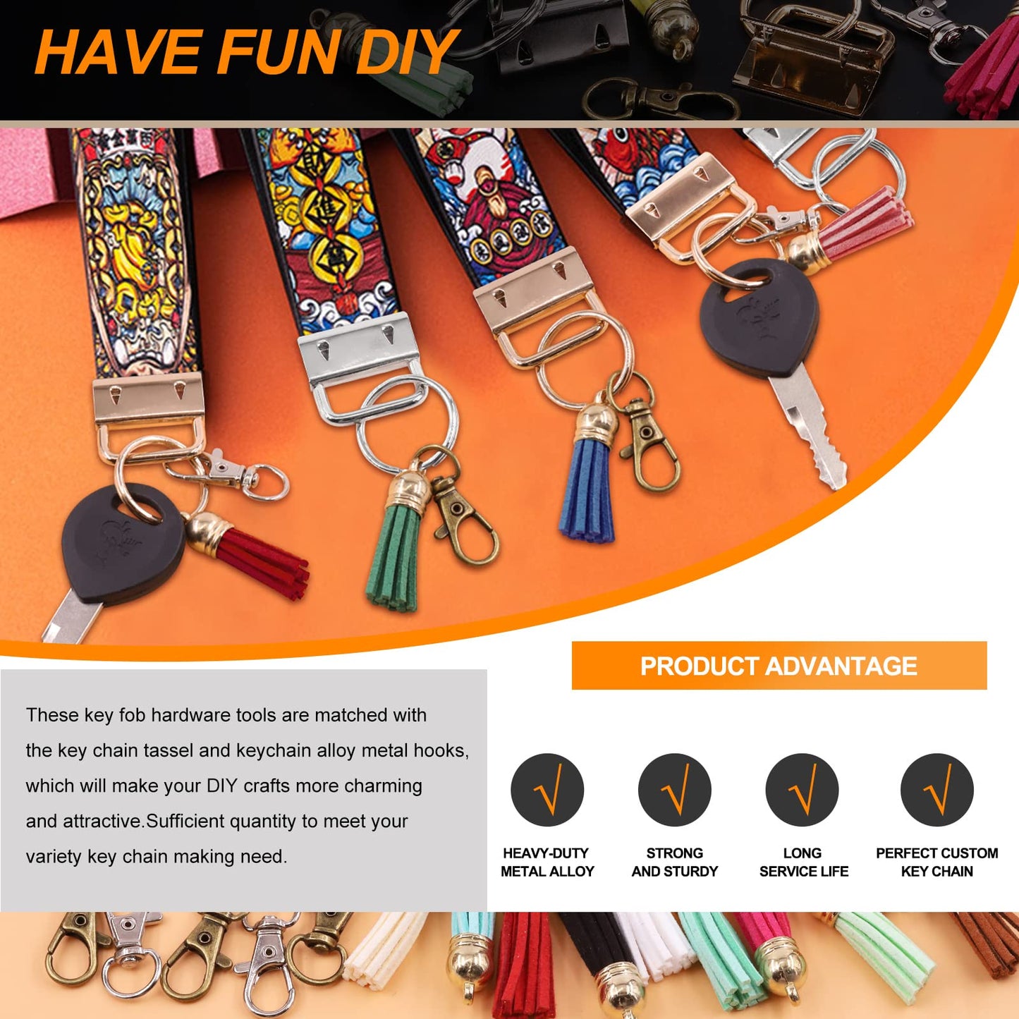 Rustark 51Pcs 4 Colors Key Fob Hardware Kit with Glass Running Pliers, Tassels Keychain Rings Hardware Accessories for Key Chain Making DIY Crafts
