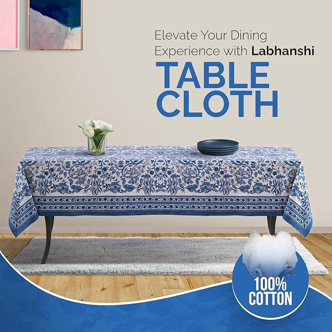 Labhanshi Indian Block Print Table Cloth|Jaipur Rectangle Floral Cotton Table Cover 60x90 Inch 6-Seater Spring Easter Kitchen Dining Tablecloth|Patio Table Cover for Event Wedding Banquet Parties|Blue